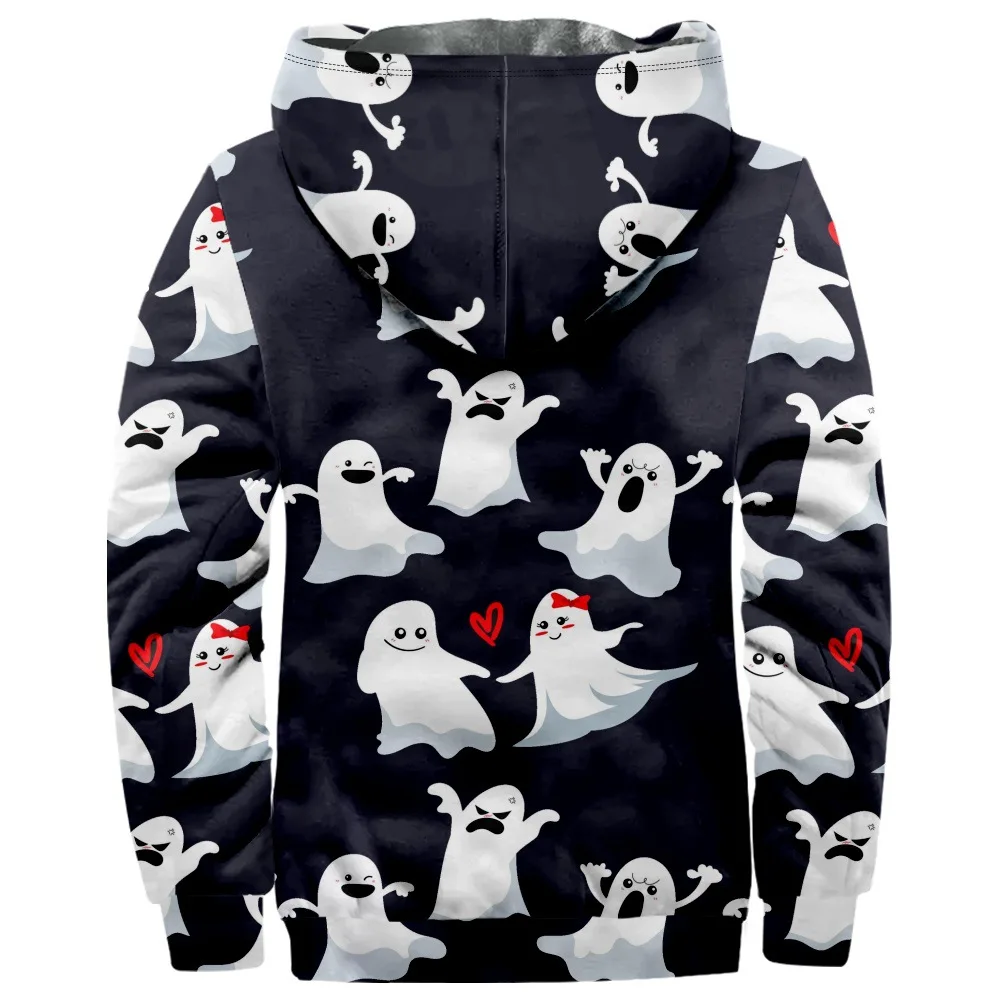 New Halloween Cute Ghost Cotton Coat Hooded Sweater Casual Print Long Sleeve Zipper Sweater Thick Cotton Coat Winter