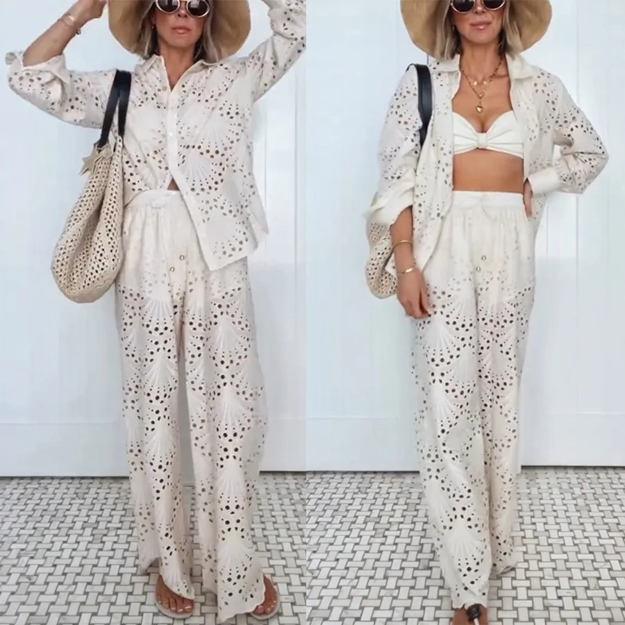 

Женская осенне-зимняя новая однобортная рубашка с длинными рукавами и свободные брюки для отпуска, комплект из двух предметов с вырезами