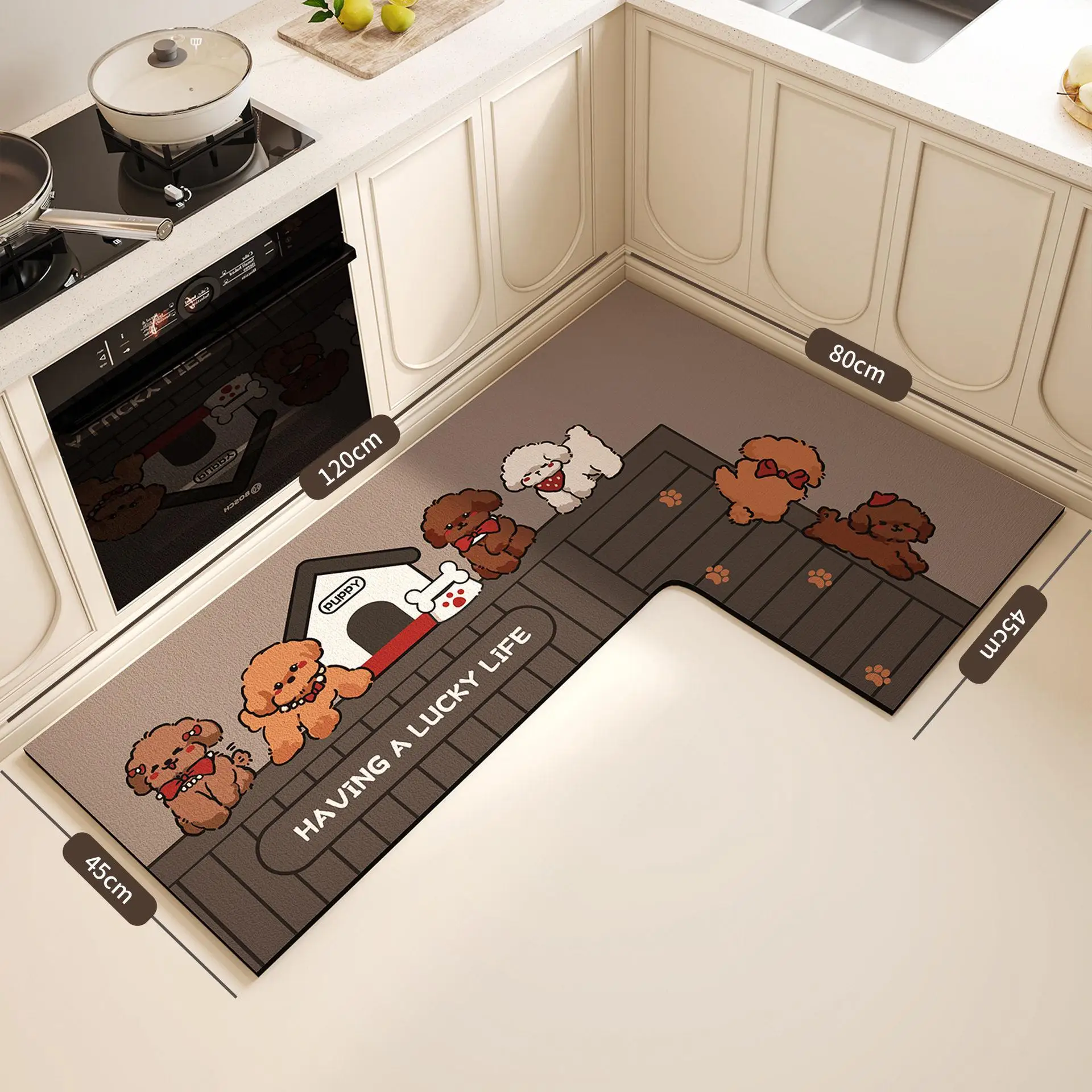 

Kitchen Special Cartoon Diatom Mud Mat L-Shaped Absorbent Non-Slip Oil Resistant Easy to Maintain Foot Mat for Home Use