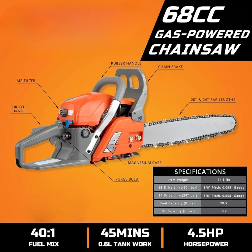 2-Cycle Top Handle Gas Powered Chainsaw 24 Inch 20 Inch Petrol Handheld Cordless Chain Saw for Tree Wood Cutting