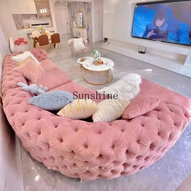 

French cream wind pink sofa light luxury pull buckle corner, small apartment living room arc combination
