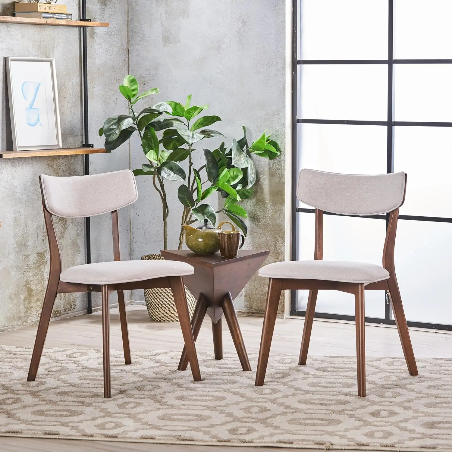 Home Abrielle Mid-Century Modern Dining Chairs with Rubberwood Frame, 2-Pcs Set, Light Beige / Natural Walnut