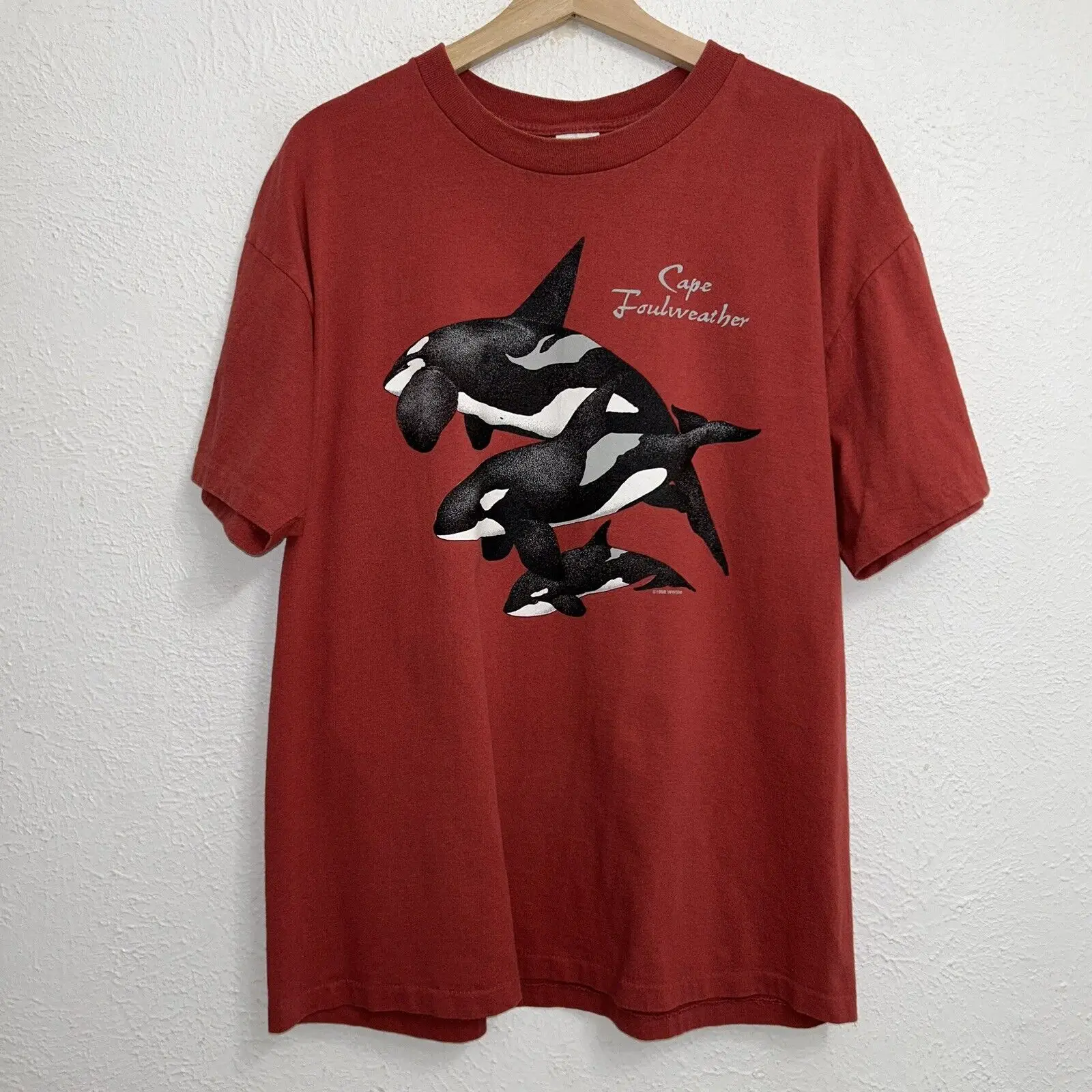 Vintage Orca x Killer Whale 1998 Tee Red T-Shirt 90s USA Made Size Large