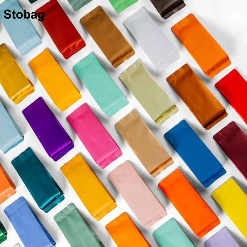 StoBag 50pcs sacchetto di imballaggio lungo in foglio di alluminio colorato piccola sigillatura in plastica per sacchetti di stoccaggio in polvere