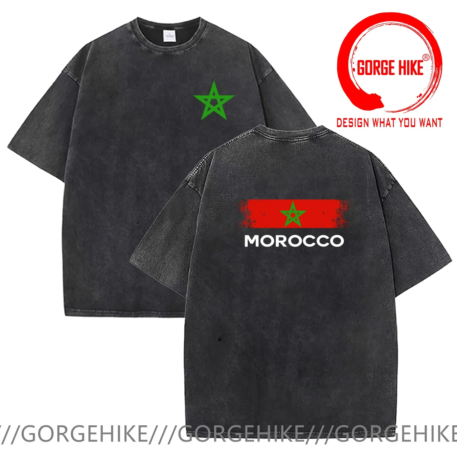 Vintage Washed Cotton T-Shirt Funny Designer Vintage Morocco flag T Shirt Men Fashion Trendy Casual Clothing Stylish Tops Tees