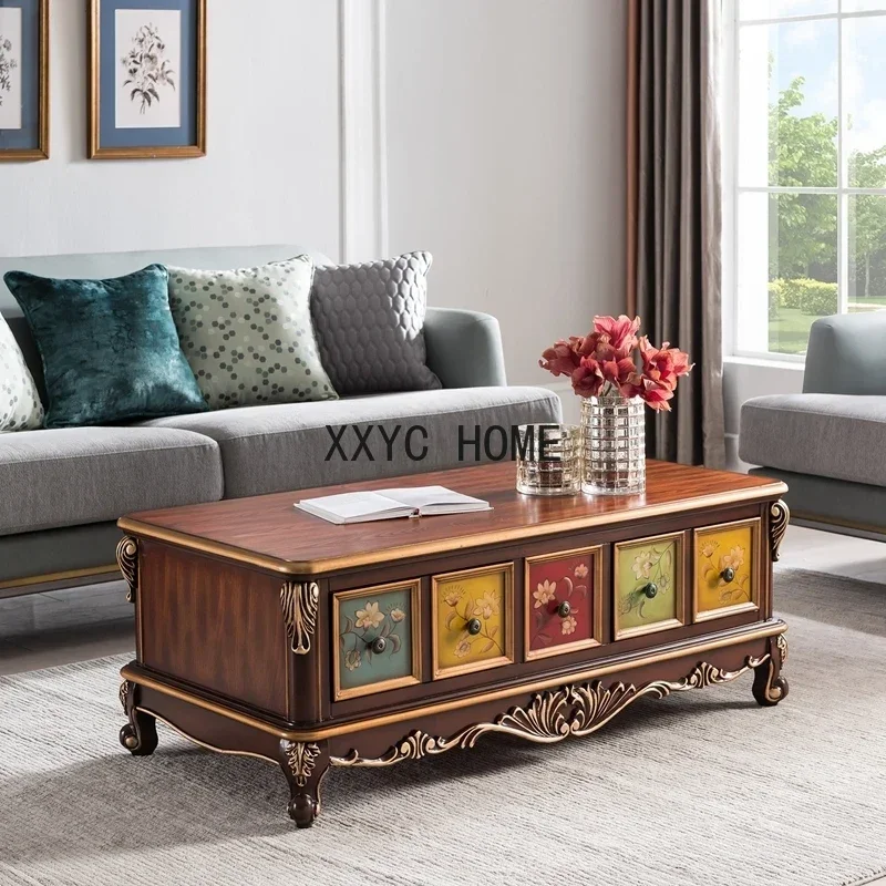 

European Coffee Table Solid Wood Hand-Painted TV Cabinet American Living Room Furniture Complete 1.22 M