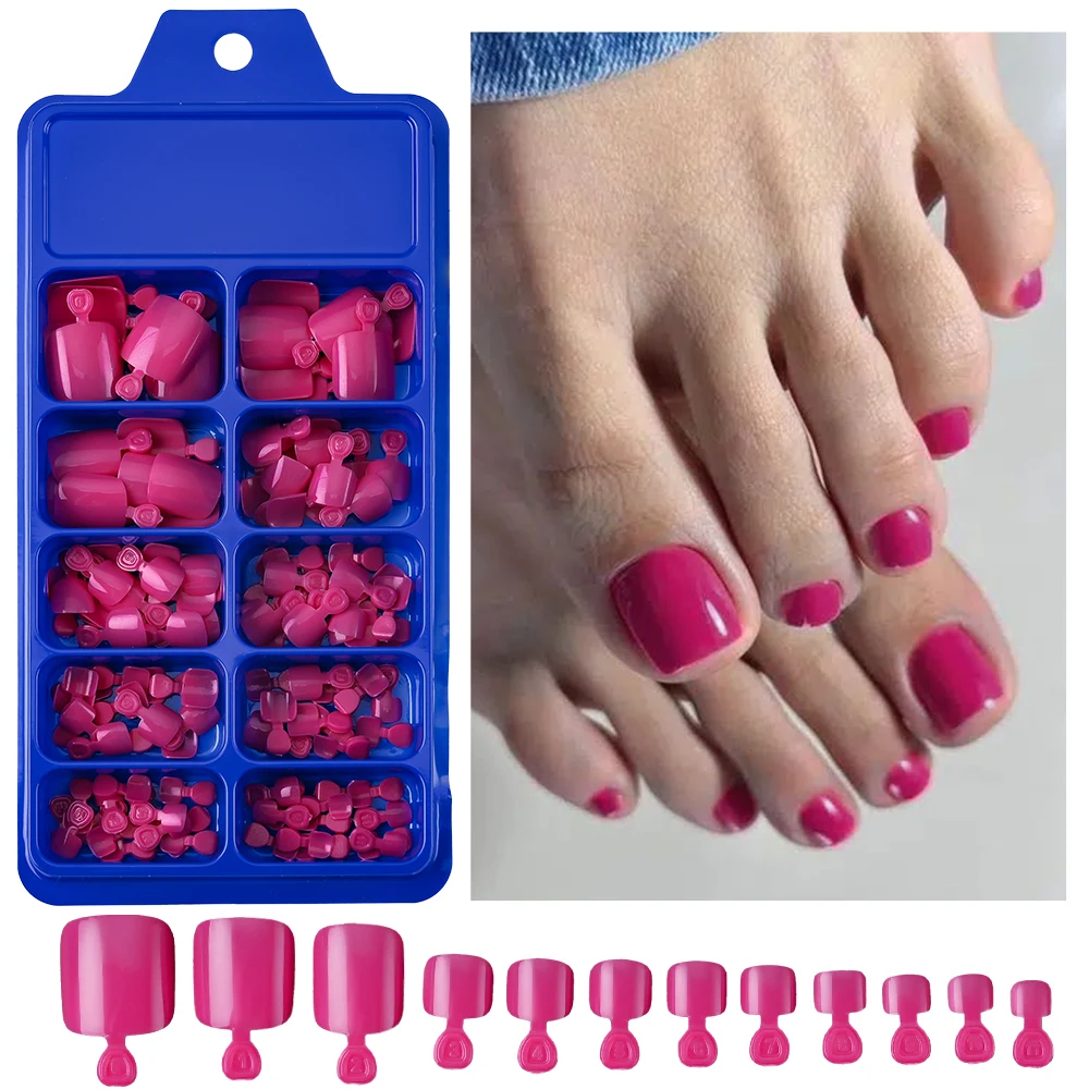 100 Stks/doos Glanzende Korte Vierkante Pers Op Teennagels Rose Rode Nep-Teennagels Stevige Lijm Op Nagels Volledige Dekking Valse Teennagels Voor Meisjes