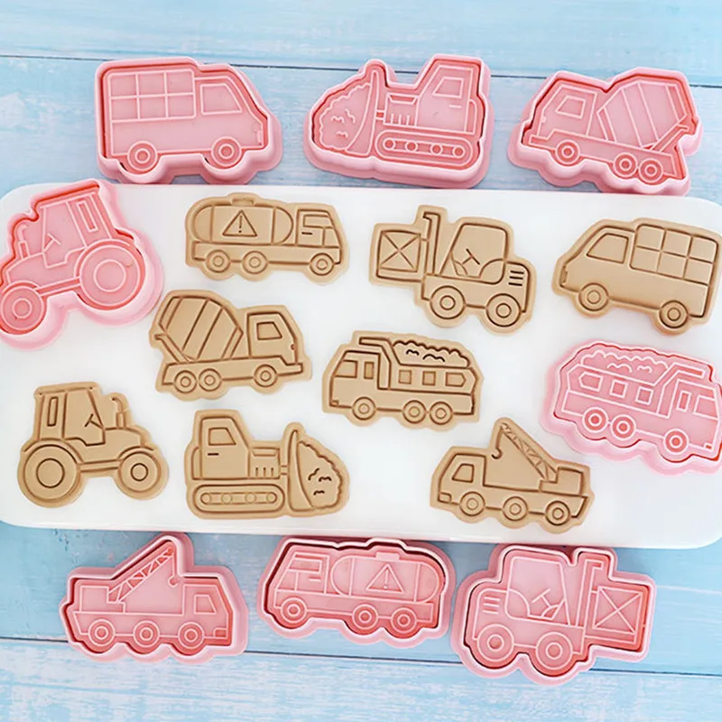 8 Pcs/set Engineering Truck Cookie Cutters Plastic 3D Cartoon Pressable Biscuit Mold Cookie Stamp Baking Pastry Bakeware Kitchen