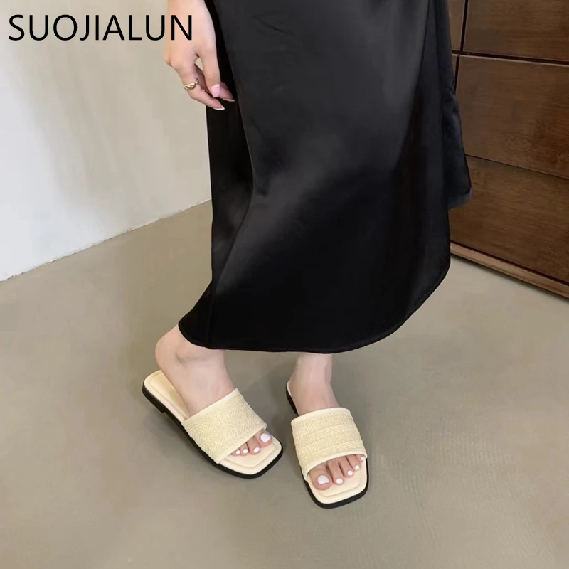 SUOJIALUN Summer New Brand Women Slipper Fashion Square Toe Open Toe Slip On Slides Soft Flat Heel Ladies Vaction Outdoor Shoes