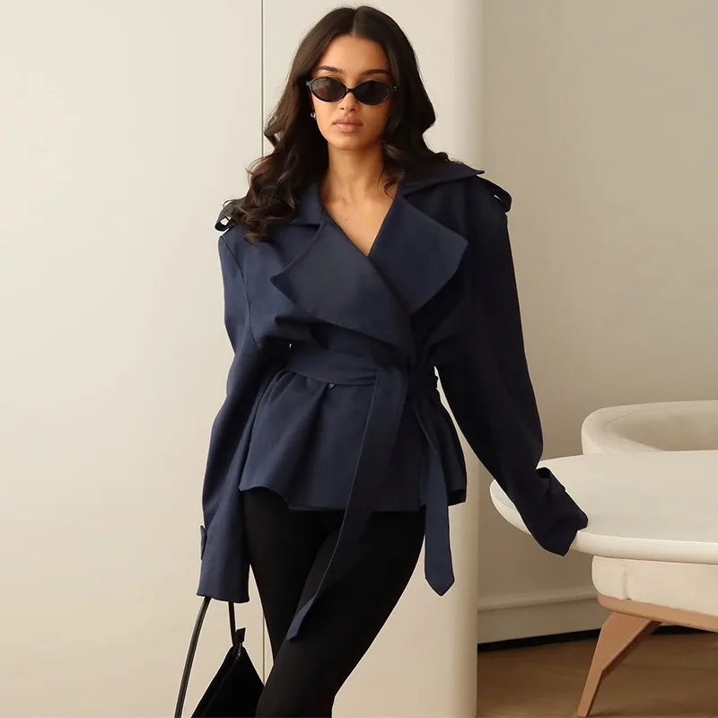 

Fall Commuting Daily Jackets New Fashion Lace up Cropped Coat Women Lapel Long Sleeves Wide Shoulder Windbreaker Jacket
