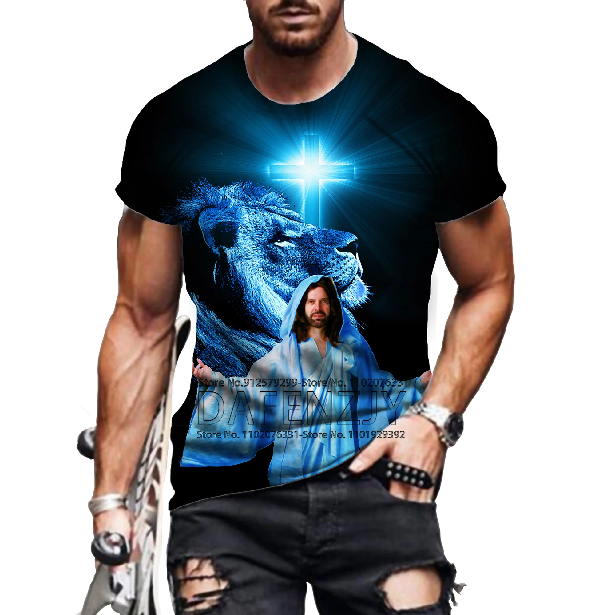 Men's T-shirt Christian Jesus And Lion 3d Printed Short Sleeve Fashion Casual Streetwear Drop Shipping Novelty Tee Top