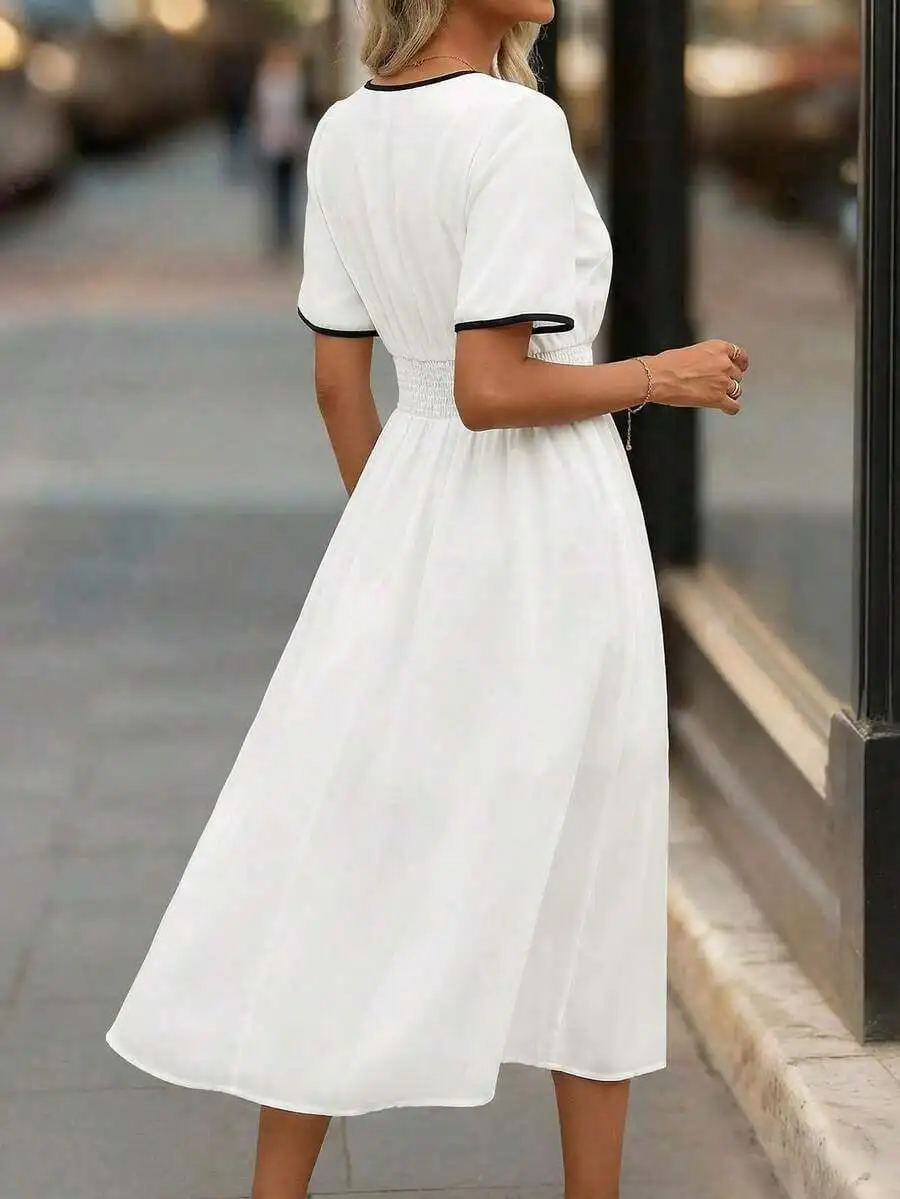 

White Midi Dress With V-Neck, Black-Trimmed Short Puff Sleeves, Smocked Waist, Flowy A-Line Skirt And Side Split For Summer