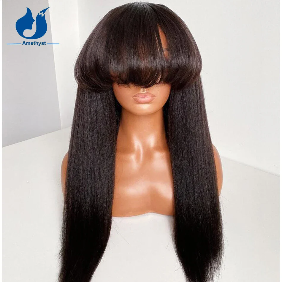 Ametyst Yaki Wave Natural Black Human Hair Wig with Bangs O Scalp Top Full Machine Made Italian Yaki Wig Remy Hair 150%-200%