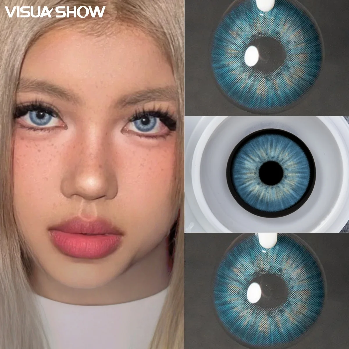 Visuashow 1 Paar Blaue Farblinsen, Halbjährlich Verwendbar, Einweg, Weich mit Kleiner Pupille und Augenvergrößerndem Effekt. Perfekt für tägliche Dates, Partys und natürliches Make-up – Detail 7
