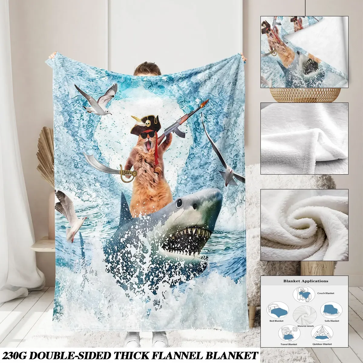 Funny Shark Pirate Adventure Throw Blanket Beach Ocean Animal Cartoon Gift for Kids Home Decor