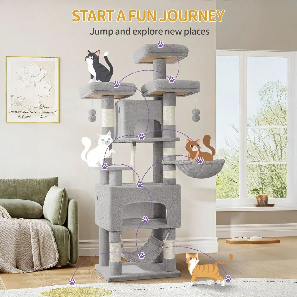 

XXL Cat Tree, 176cm Cat ching Post, 3 Platforms, 2 Cave Beds, 7 Sisal Column With Hammock, HeavyDuty For MultiCat Homes, L