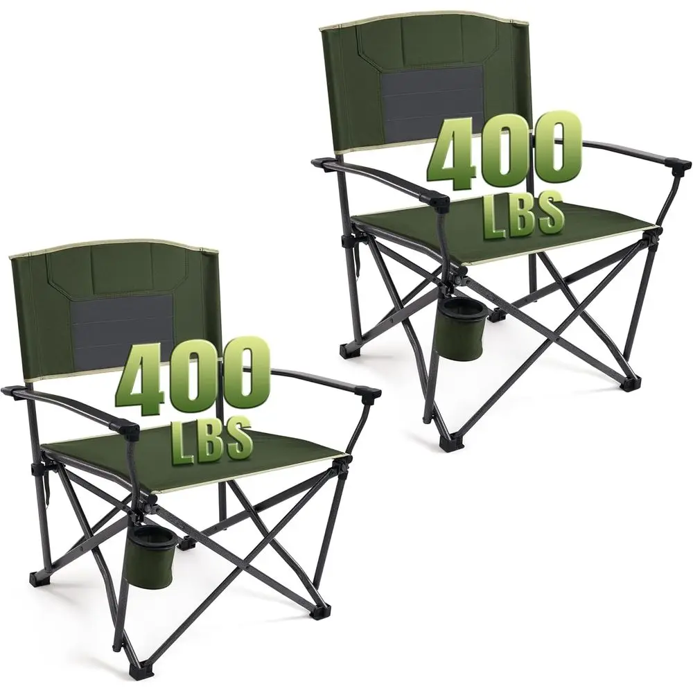 2 Pack Oversized Camping Chairs for Adults Heavy Duty 400 LBS, Folding Camp Chair with Hard Metal Armrests & Swivel Cup Holder,
