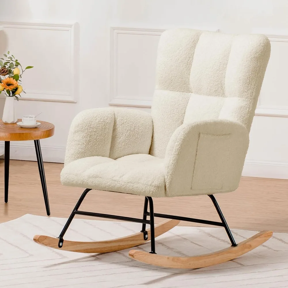 Nursery Rocking Chair, Teddy Upholstered Glider Rocking Chair with Side Pockets, Accent Chair with High Backrest Reading Chair