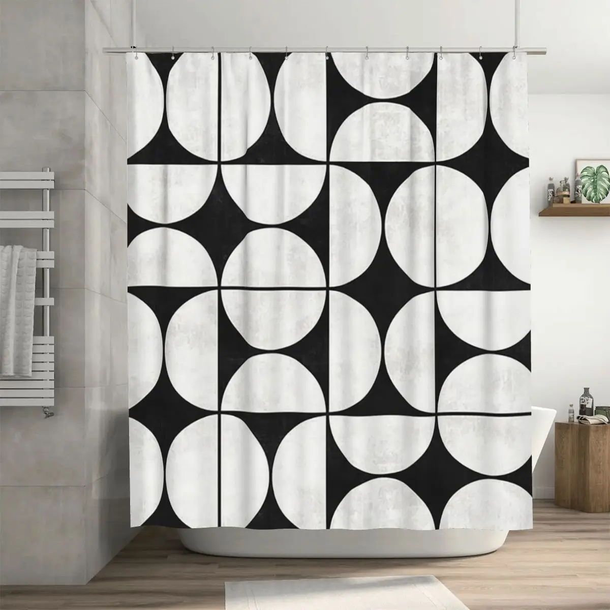 Mid-Century Modern Pattern No.2 - Black And White Concrete Shower Curtain Bathroom Polyester Waterproof Bath Curtains with Hooks