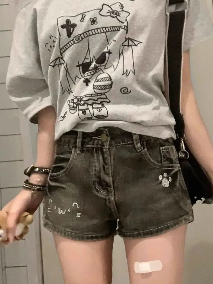 Übergroßes T-Shirt Harajuku Mode Grafik-T-Shirt Kurzarm Off-Shoulder Crop Top Damen Anime-Print Baumwolle Lässige Streetwear – Detail 3