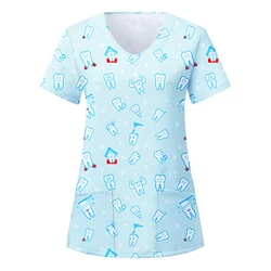 Heart Print V Neck Scrub Top T-shirt, Casual Short Sleeve Patch Pockets Women's Medical Nurse Uniform, Women's Work Wear