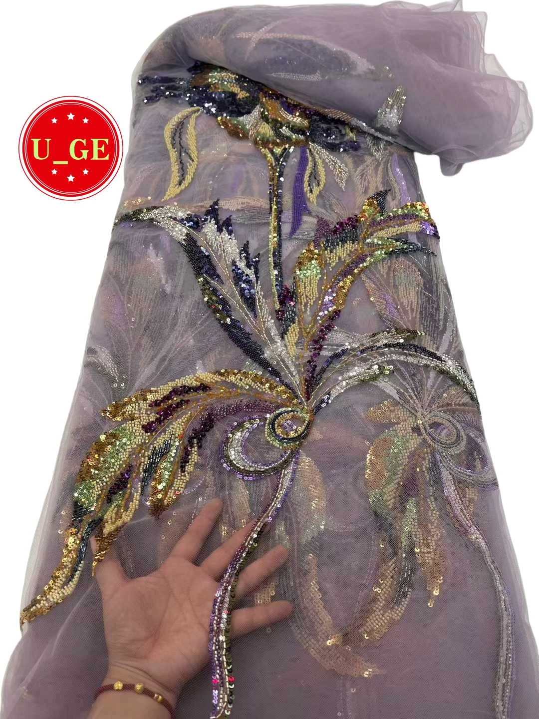 Elegante tessuto di pizzo con paillettes a rete morbida e pesante di qualità superiore con pietre per abiti classici da sposa e da festa U_Ge3568