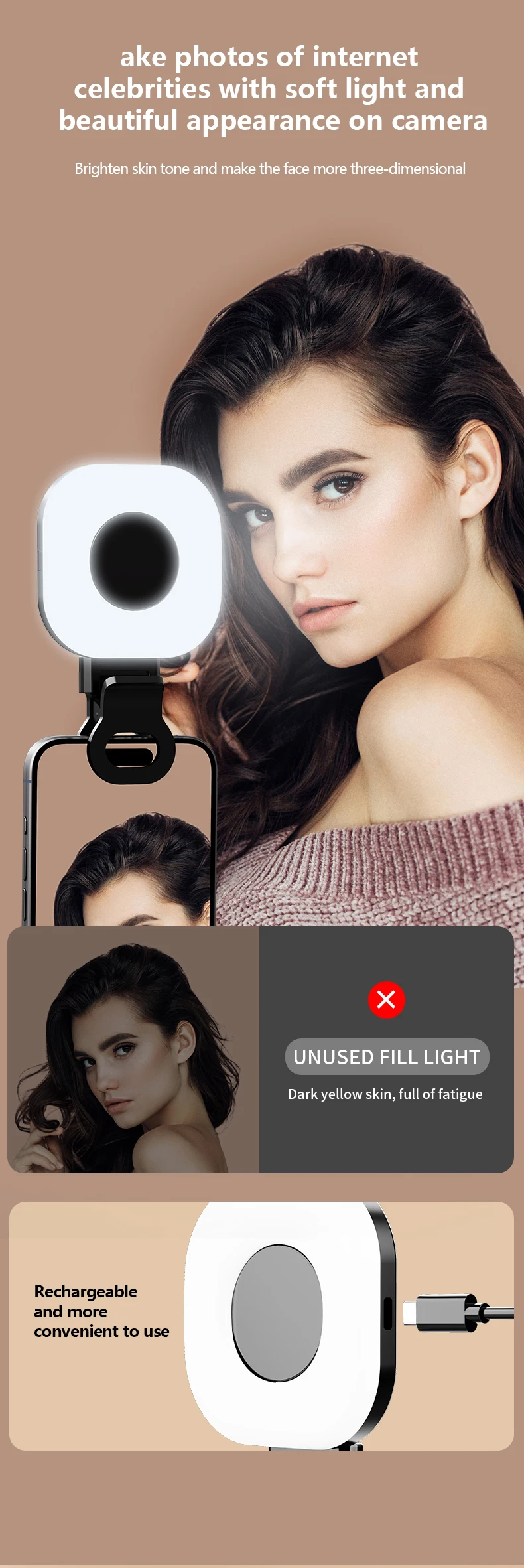 Mini LED Smartphone Selfie Invullicht 3 modi Verstelbare helderheid Portbal Pocket Make-up Invullicht voor TikTok Live