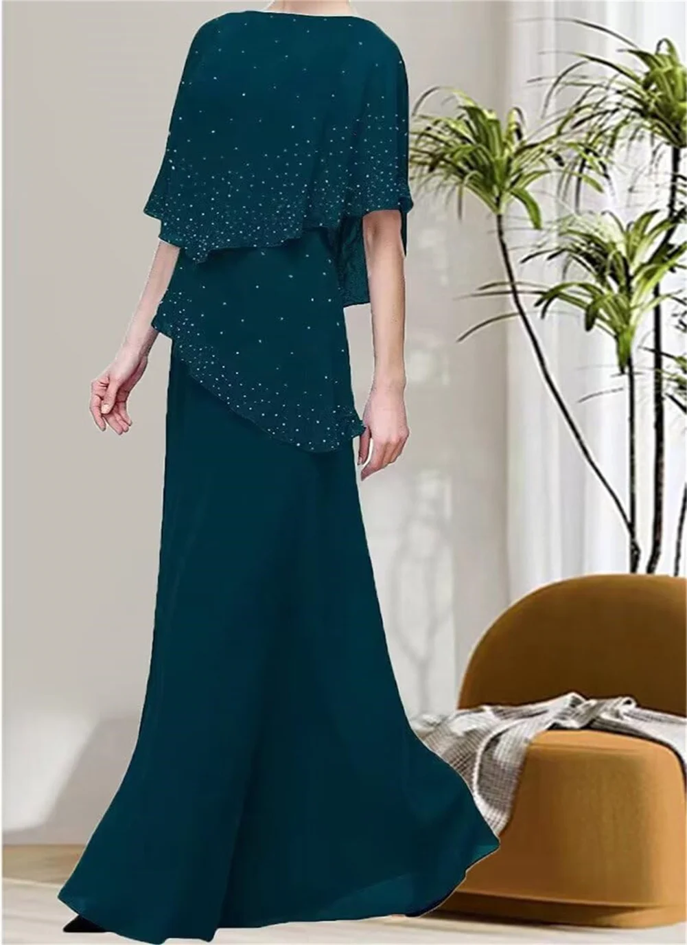 

Customize Long Chiffon Mother Of Bride Dress With Cape Hot Stamping Tiered Formal Evening Gown Elegant Mother Of The Groom Dress