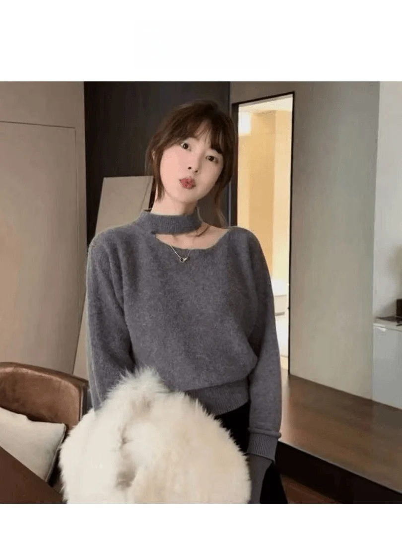 

Модный вязаный свитер с очками, универсальный ленивый свитер Long Sve V Ne, повседневная одежда, удобный, средний, мягкий, корейский ...