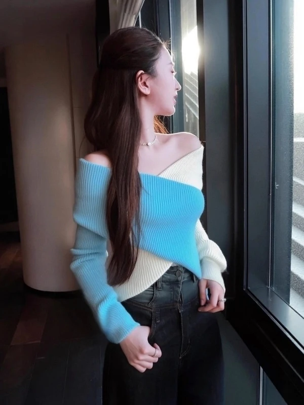 

Sweet And Spicy oulder One Color Knitted Sweater Women's Slim Fit Long Sve Base irt Design Sense Inner Wear Top