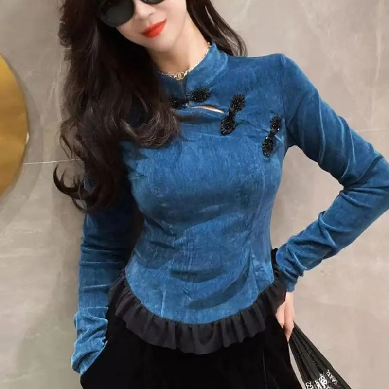 Retro Buckle Small Stand Collar Ruffle Spliced solid Color Gold Velvet Top Women's New Shirt TT658