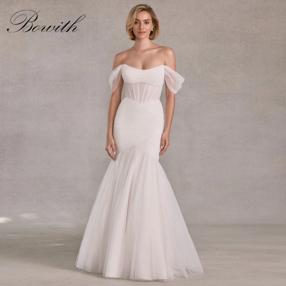 

Bowith Mermaid Wedding Dresses for Bride 2025 Off the Shoulder Soft Tulle Draped Bridal Gown vestidos de novia Customized