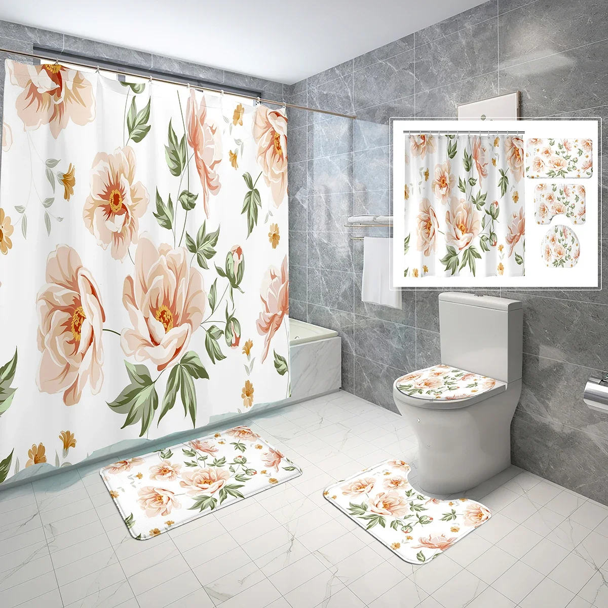 

4-х шт. наборы занавесок для душа в цветочном стиле с нескользящим ковриком для ванной, крышкой для унитаза, набор занавесок для душа с цветочным узором в саду