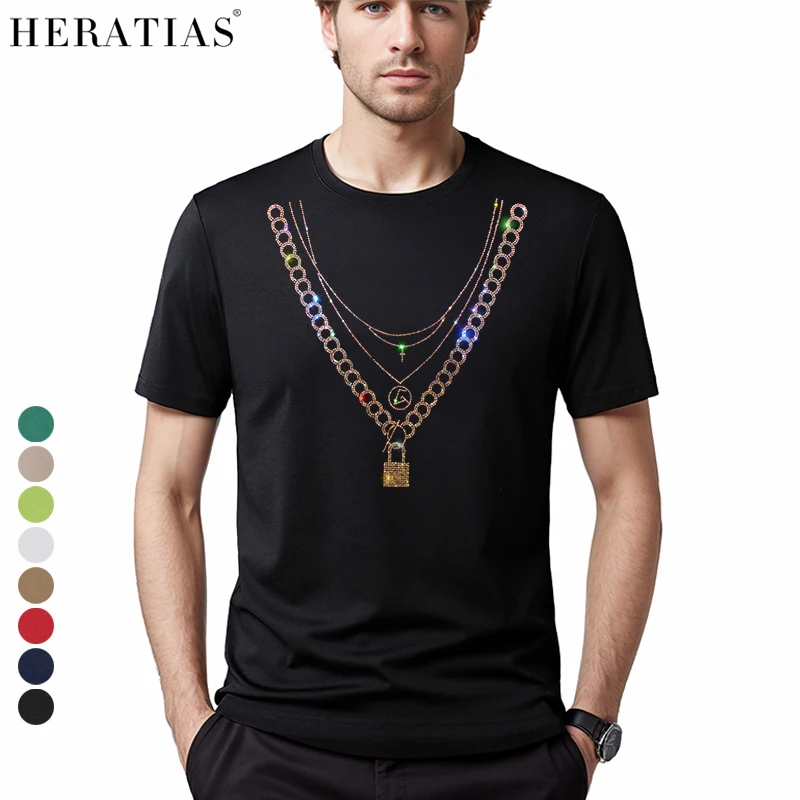 Hot Men's Summer Short Sleeve Casual T-Shirt Cotton Comfortable Shiny Diamond Necklace T-Shirt