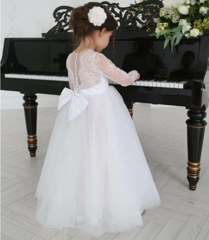 Vestido de flores de marfil blanco para niña, vestido de fiesta de perlas de boda de remolque para niña, vestido de princesa asistido de primera comunión