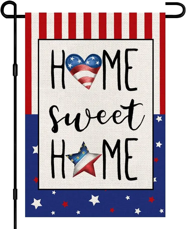 4th of July Garden Flag Home Sweet Home 12x18 Inch Double Sided Burlap, Star and Strip Patriotic American Flag Independence Day