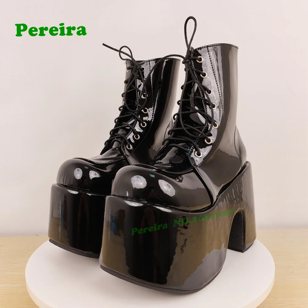 

Black Glossy Dark Platform Boots Gothic Patent Leather Chunky Heels Women's Ankle Boots Lace-Up Street Style Shoes 2025 New Sexy