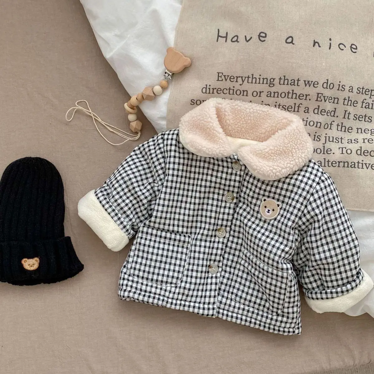 New Girl baby winter coat boys checkered cotton jacket with warm insulation thickened children's cotton jacket