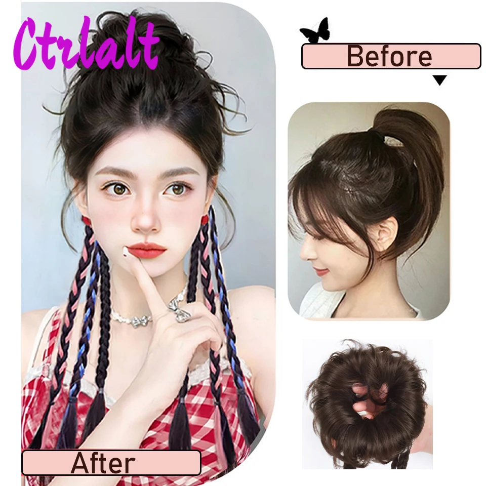 Ikat rambut Chignon sintetis berantakan wanita, ikat rambut palsu kepang ekor hiasan rambut elastis untuk wanita sintetis bungkus keriting ekor kuda