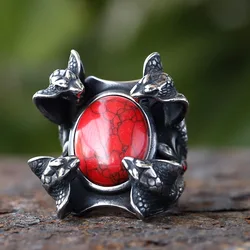 2024 New Creative 316L Stainless Steel Four snake heads and red zircon punk Ring For Men Fashion Biker animal Jewelry Gift