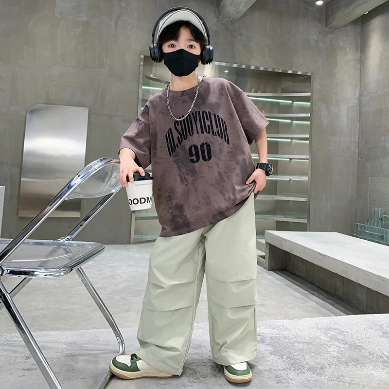 

Boys Summer Clothing Top and Bottom Set For Teens Children Casual Cotton Outfit Suit Brown Color Kids Cotton Clothes Set
