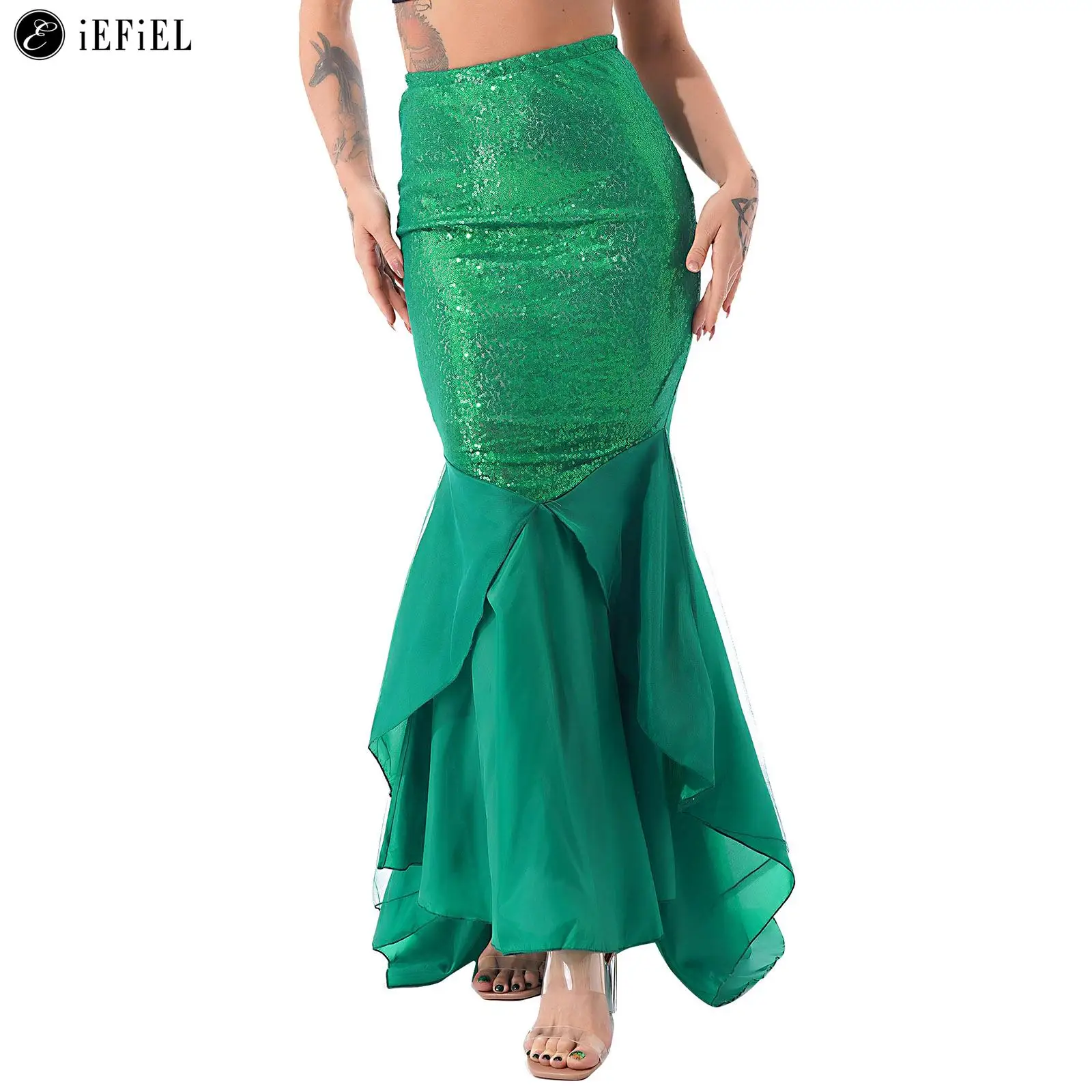 

Women's Mermaid Tail Costume Shiny Sequins Long Maxi Skirt with Asymmetric Mesh Panel Halloween Party Cosplay Fancy Dress