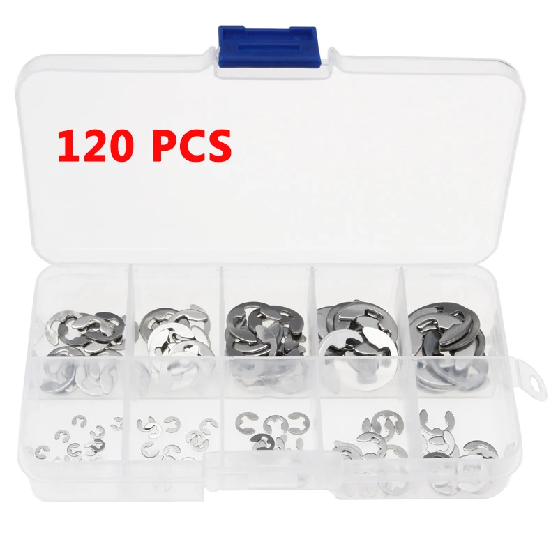 120pcs Stainless Steel Retaining Circlip Set Snap Ring E-Clip Washer Assortment for Shaft Fastener M1.5-M10 Open Retainer