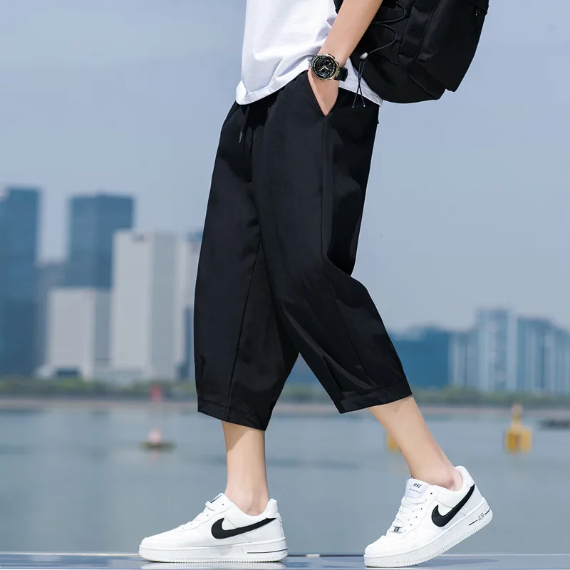 FGKKS Summer Men Casual Pants Ice Silk Thin Solid Color Cropped Pants Fashion Hip Hop Street Sweatpants Male Loose Trousers