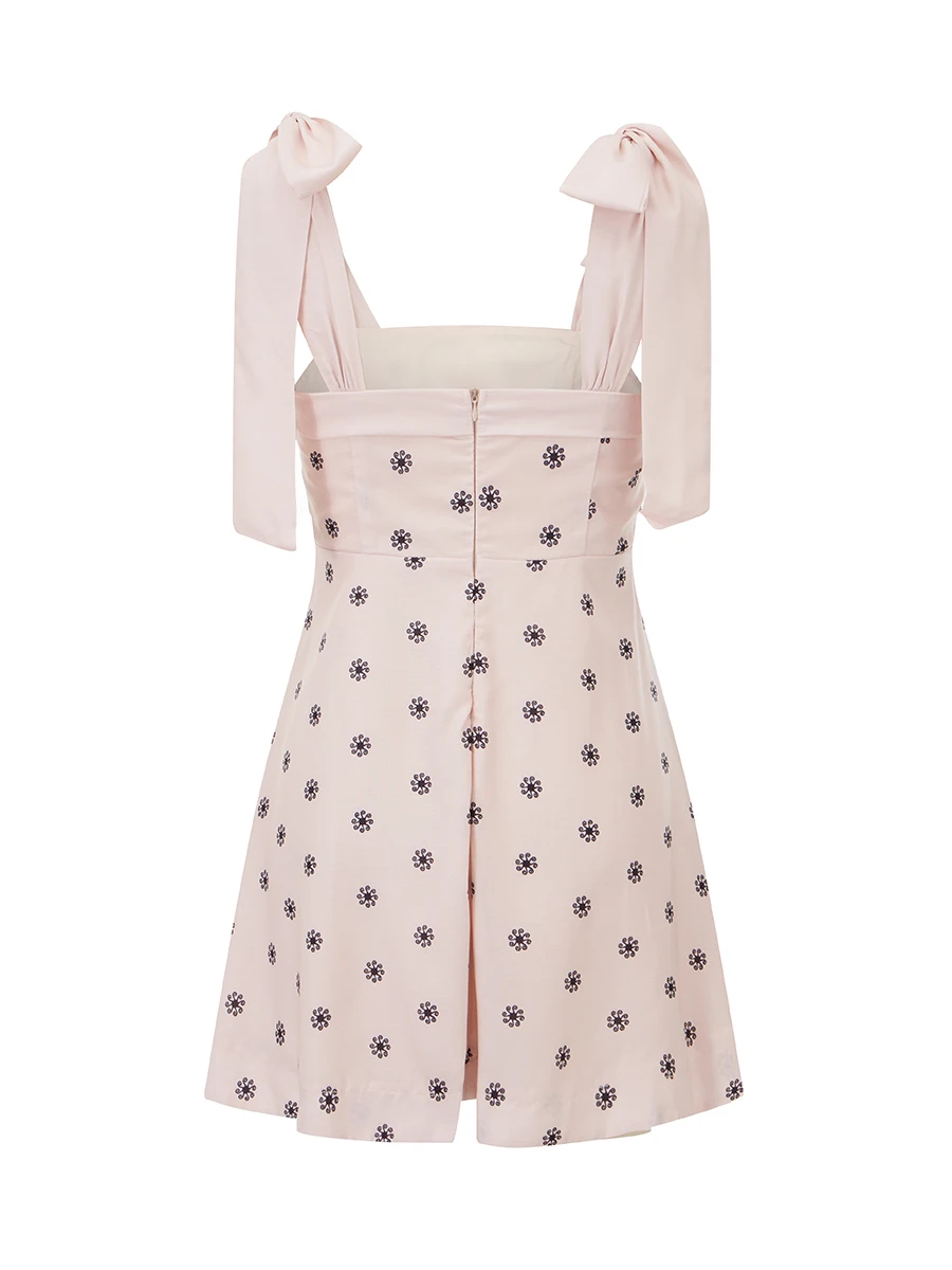 Damska letnia mini sukienka na ramiączkach z kwiatowym nadrukiem, wiązana na ramionach, bez pleców, zwiewna sukienka w kształcie litery A