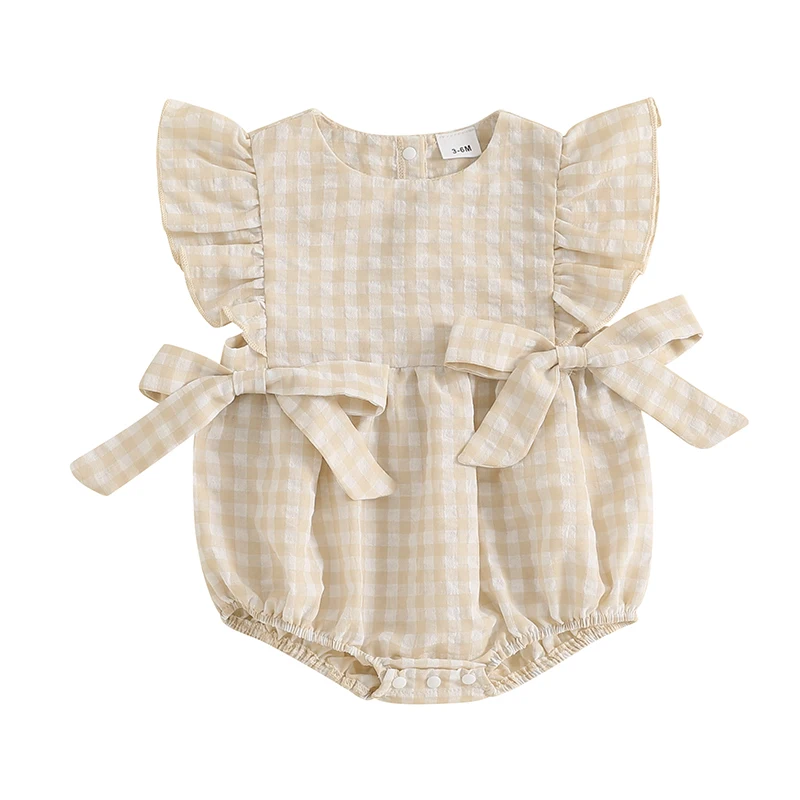 

0-18 Months Baby Girl Plaid Print Rompers Flutter Sleeves Round Neck Bow Jumpsuit for Summer Beach