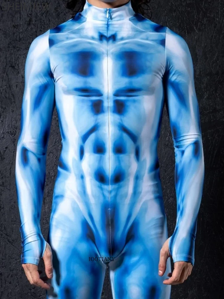 

POP1 Couple Cyberpunk Blue Fantasy Bodysuit Role Playing Body Muscle Nerve Elasticity Bodysuit Women's Stage Performance Set