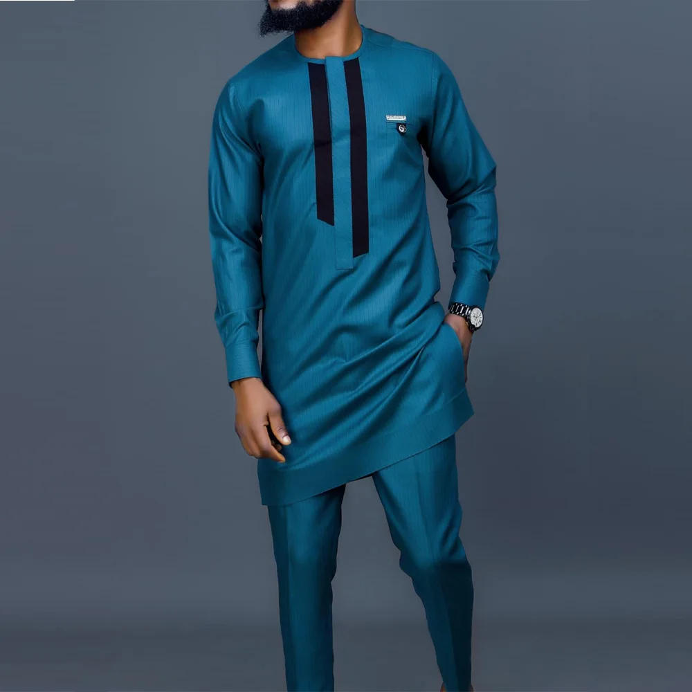 Kaftan Elegant African Men's Set Long Sleeve Ethnic Top And Pants Full Luxury 2 Pieces Outfits Dashiki Solid Color Wedding Dress