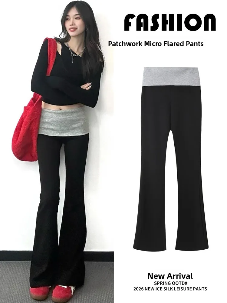 

Женские повседневные спортивные брюки с высокой талией, расклешенные, для йоги, с эффектом похудения, черные, с вставками, весна-осень, новинка