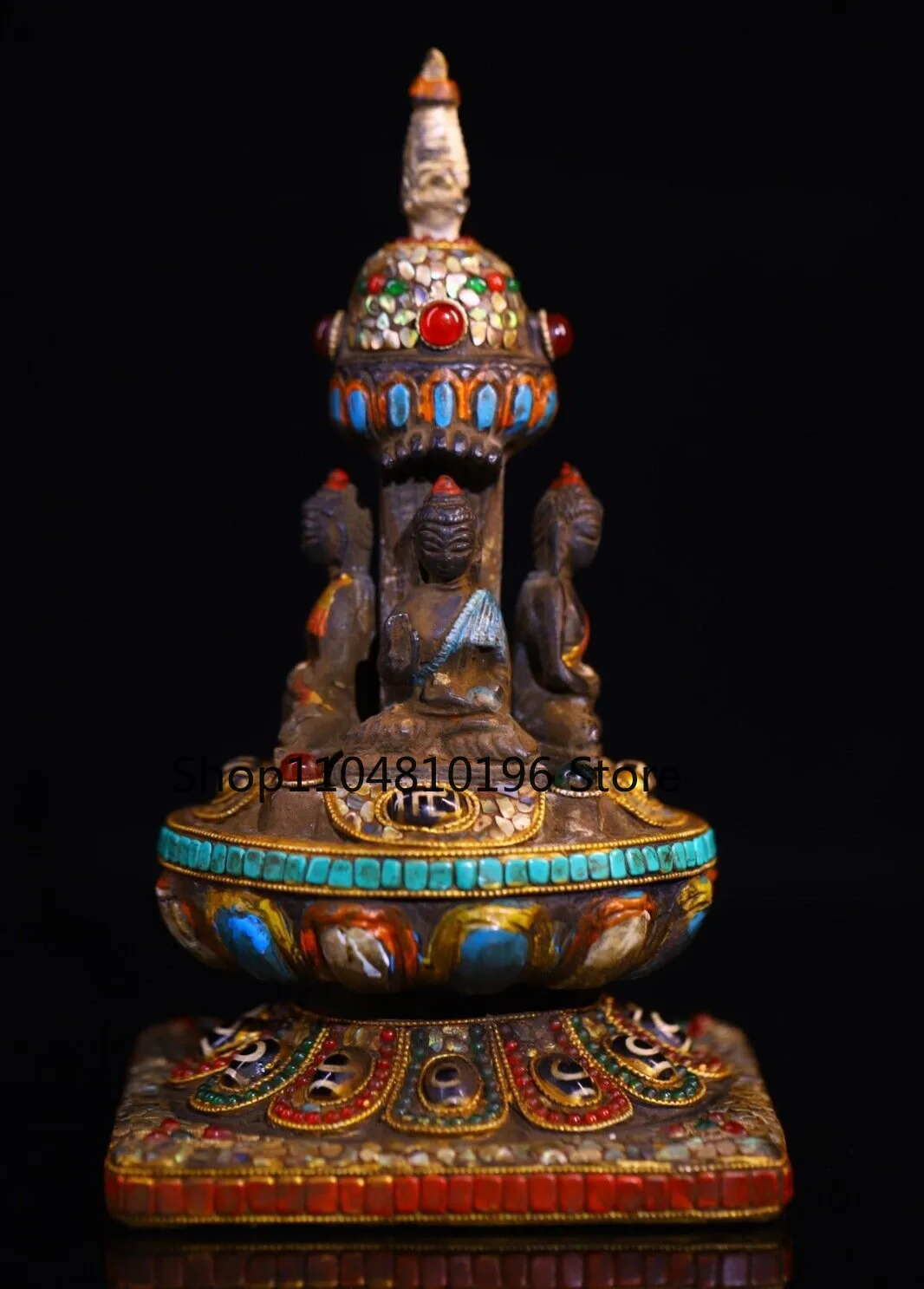 Old Tibet Meteorite iron Painting Gem Shakyamuni Buddha Stupa Pagoda Tower